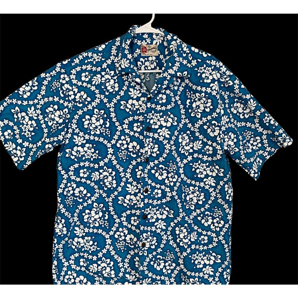 Hilo Hattie Men Large Hawaiian Shirt Coconut Button Blue Hibiscus Floral ￼cotton